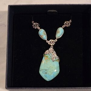 Authentic Stauer Genuine Arizona Turquoise Y/Drop Flower Necklace Comes w/ BOX